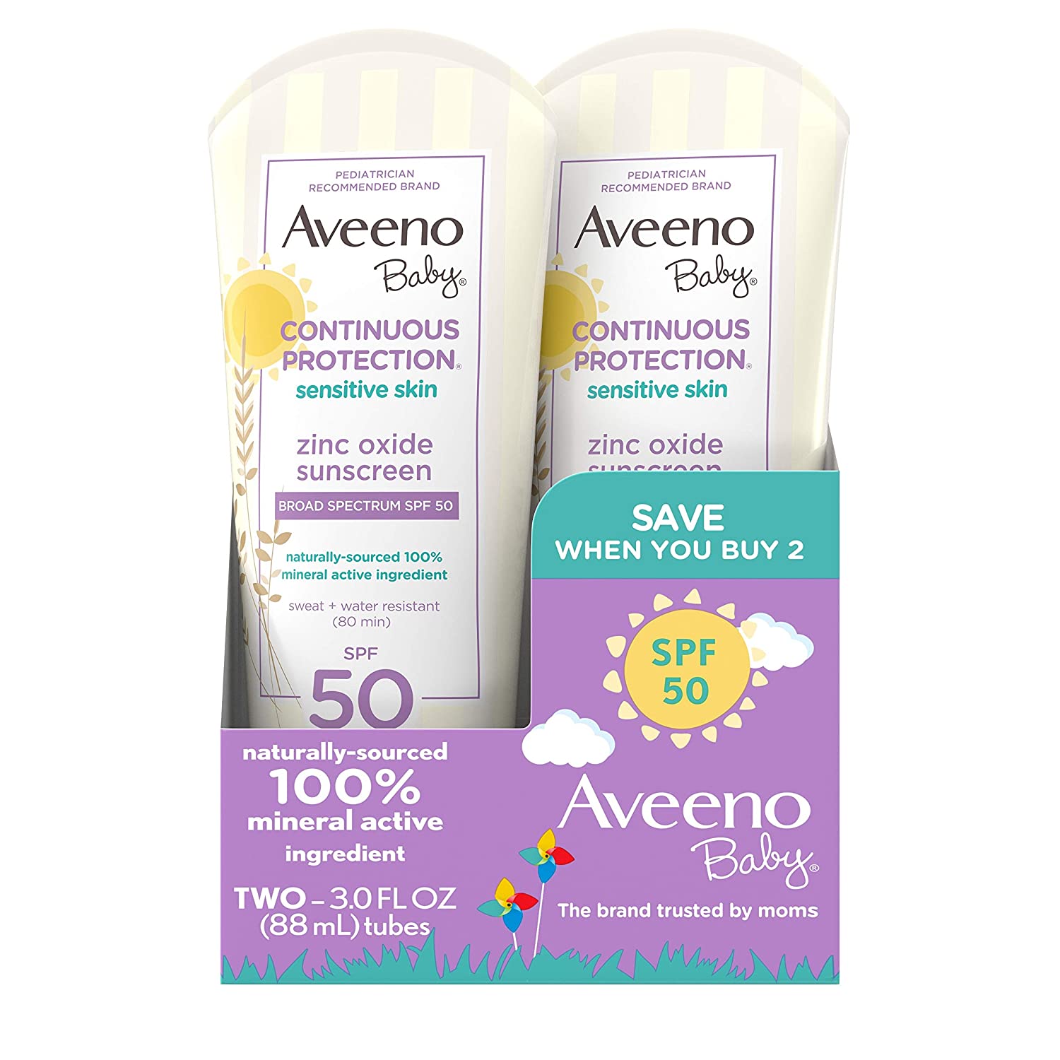 230322144643989_1 Aveeno Baby Continuous Protection Zinc Oxide Mineral Sunscreen Lotion for Sensitive Skin, Broad Spectrum SPF 50, Paraben- & Tear-Free, Sweat- & Water-Resistant, Travel-Size, 2 x 3 fl. oz - Image 1